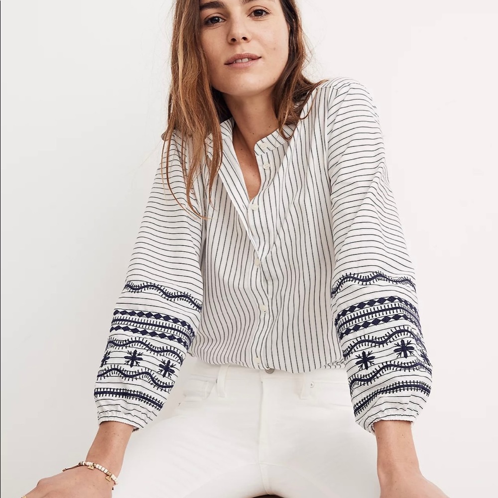 Madewell Striped Embroidered Sleeve Shirt, Size S